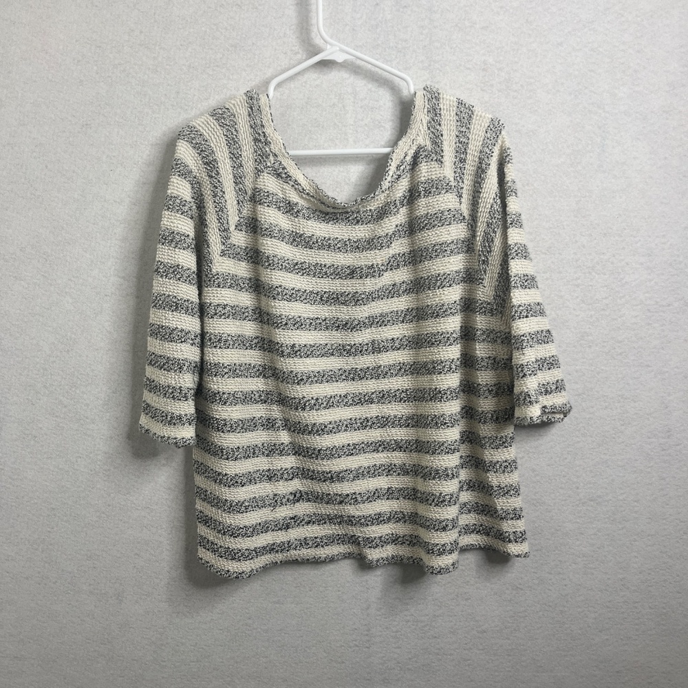 Lucky Brand Striped Knit Top Cream Gray Textured Short Sleeve Sweater Size Large - Picture 2 of 9